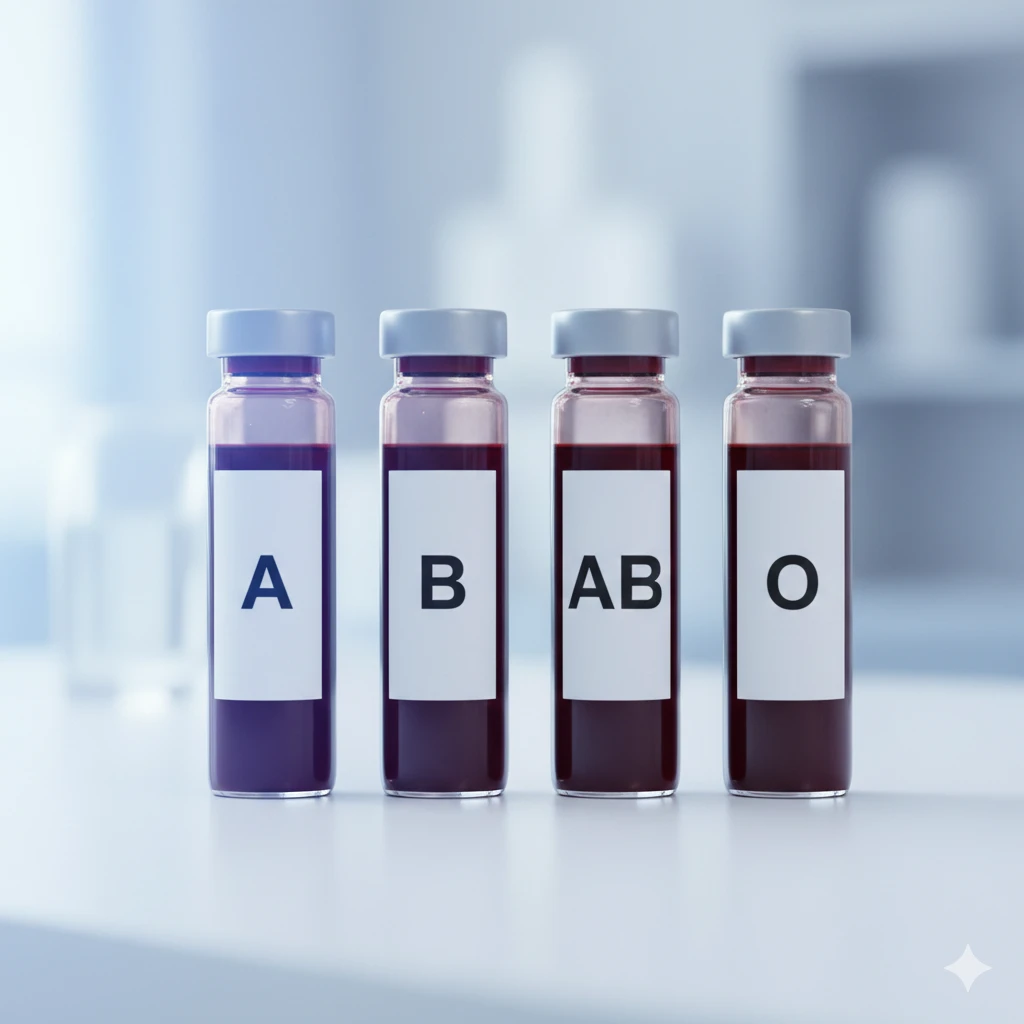 Four medical vials labeled with blood types A, B, AB, and O.