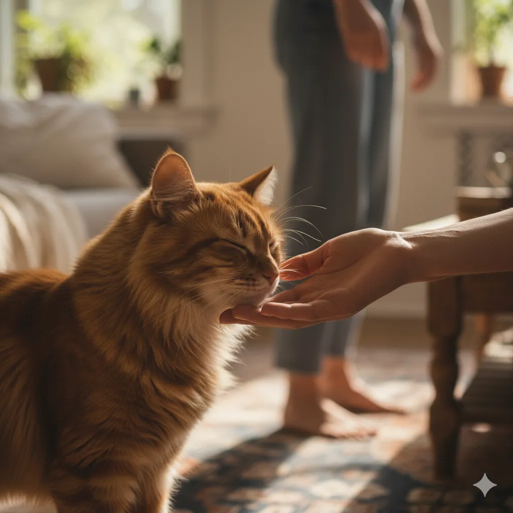 Close up of a cat head bunting a human hand