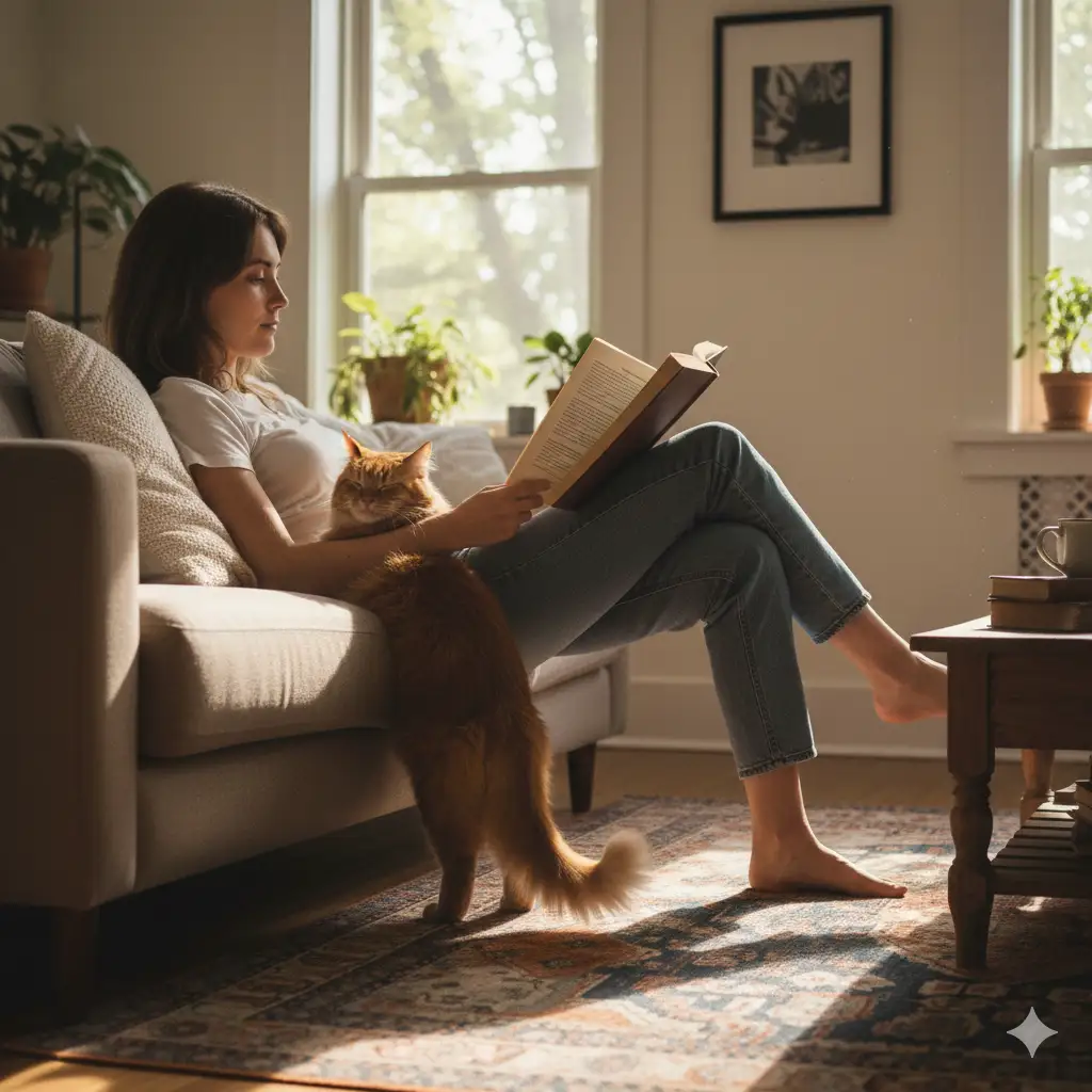 A cat leaning against its owner on a sofa