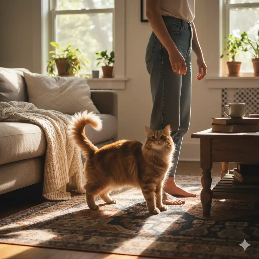 A fluffy cat weaving through its owner's legs