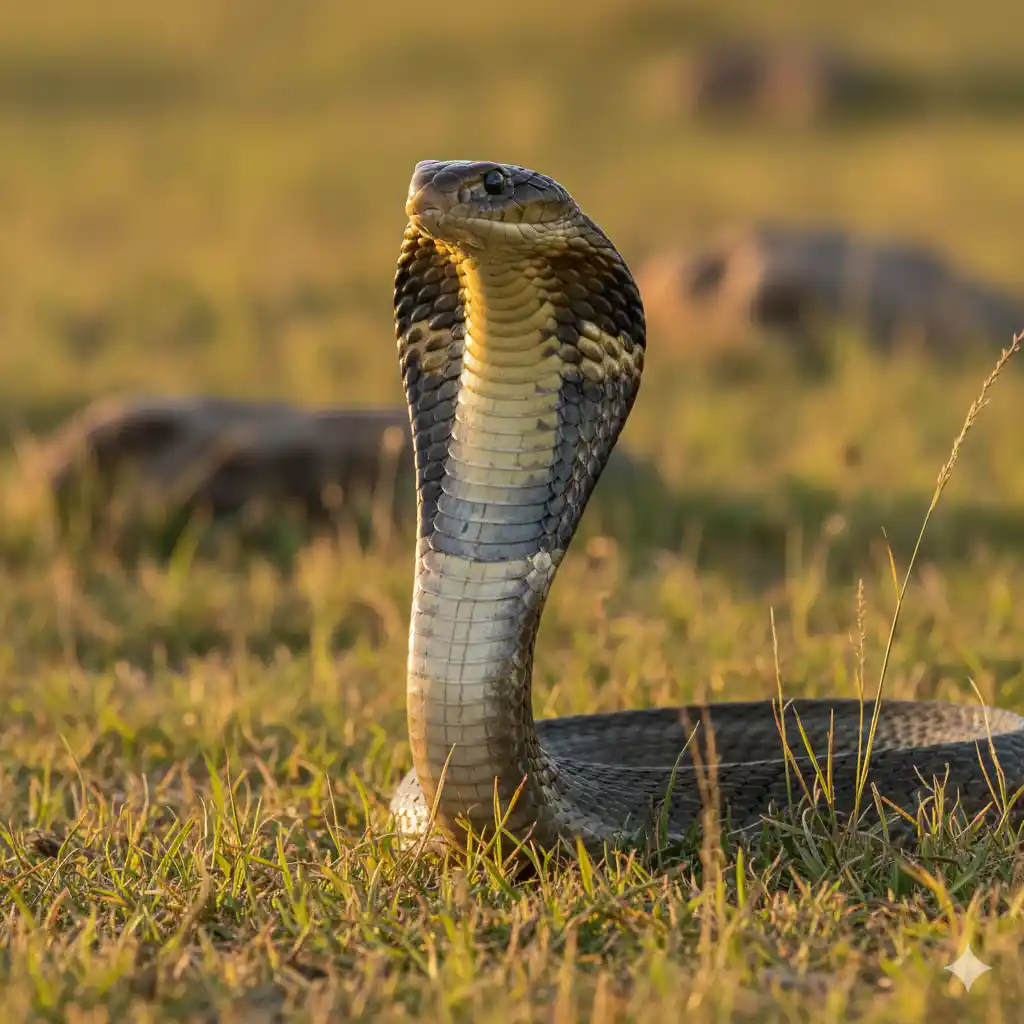 A king cobra with its hood flared, looking intently