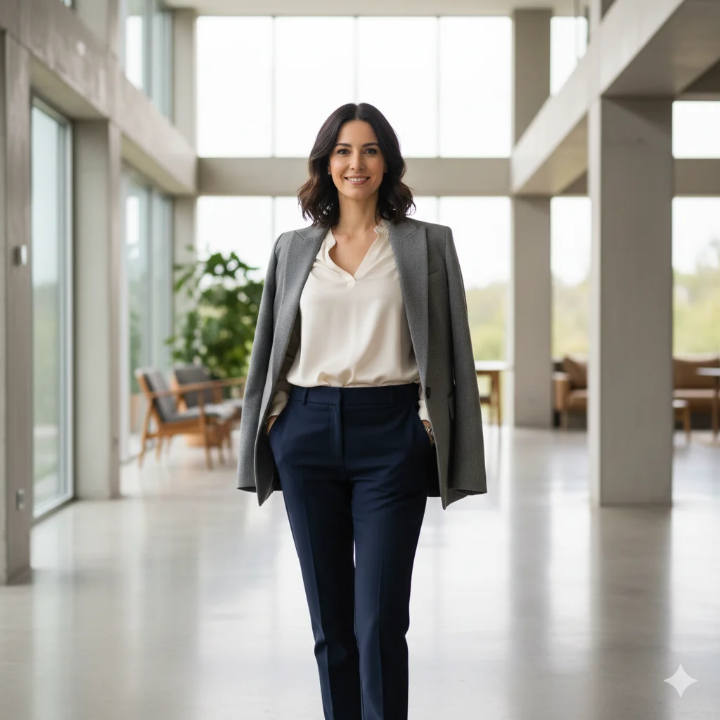 A confident woman with a serene smile in a modern setting