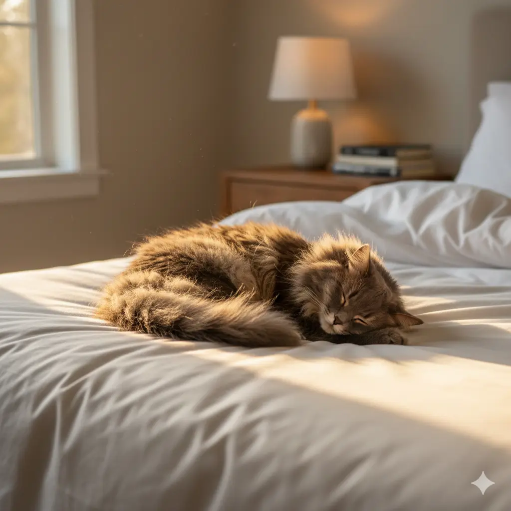 A cat sleeping peacefully on a white bed