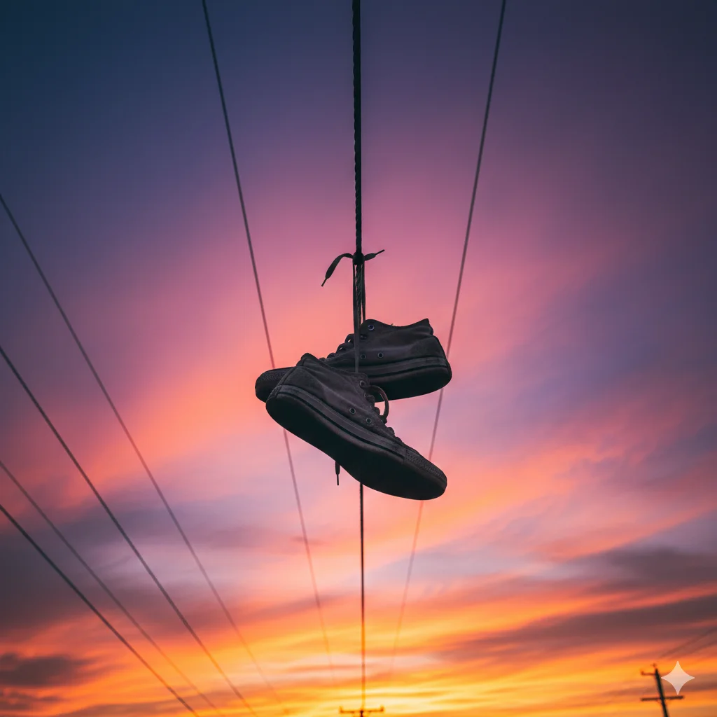 dangling sneakers sunset
