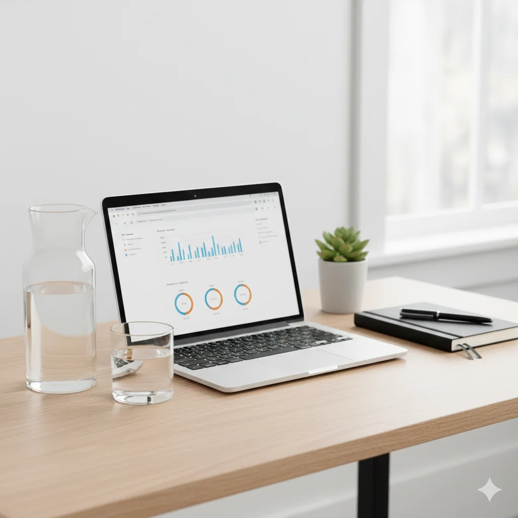 A modern desk setup including a laptop and a reusable water bottle.