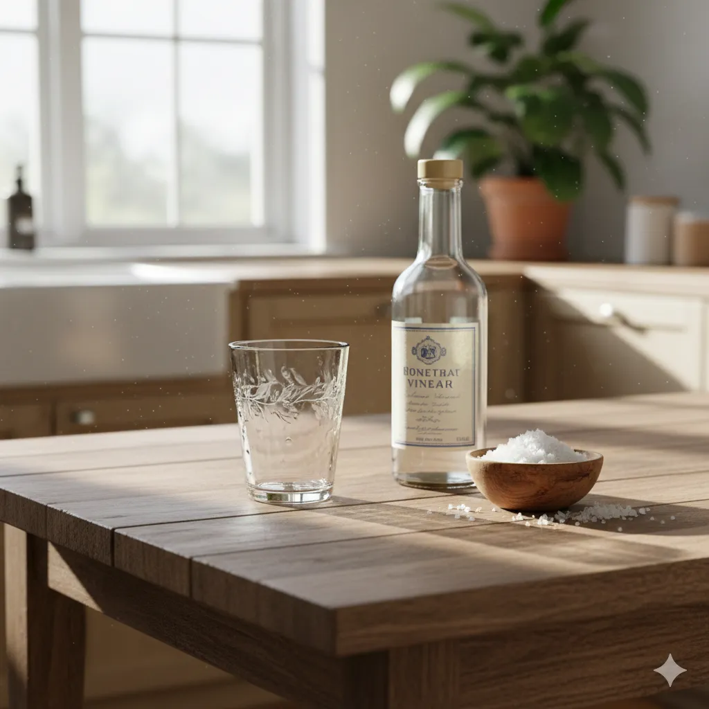 Glass, vinegar, and salt on a kitchen counter