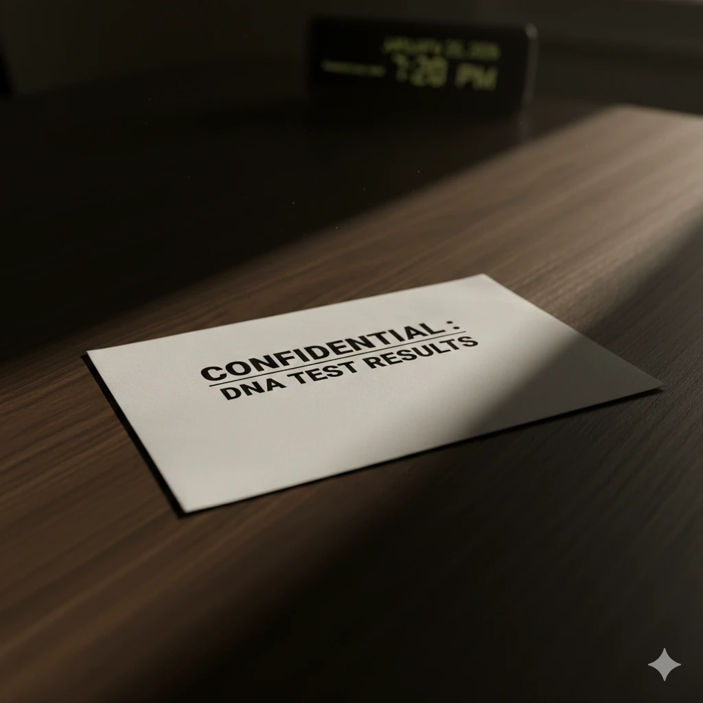 A white envelope containing DNA results on a wooden table