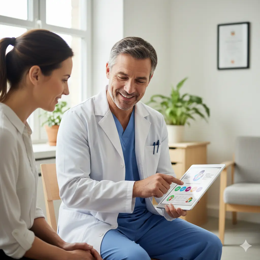 A doctor talking to a patient in a bright medical office