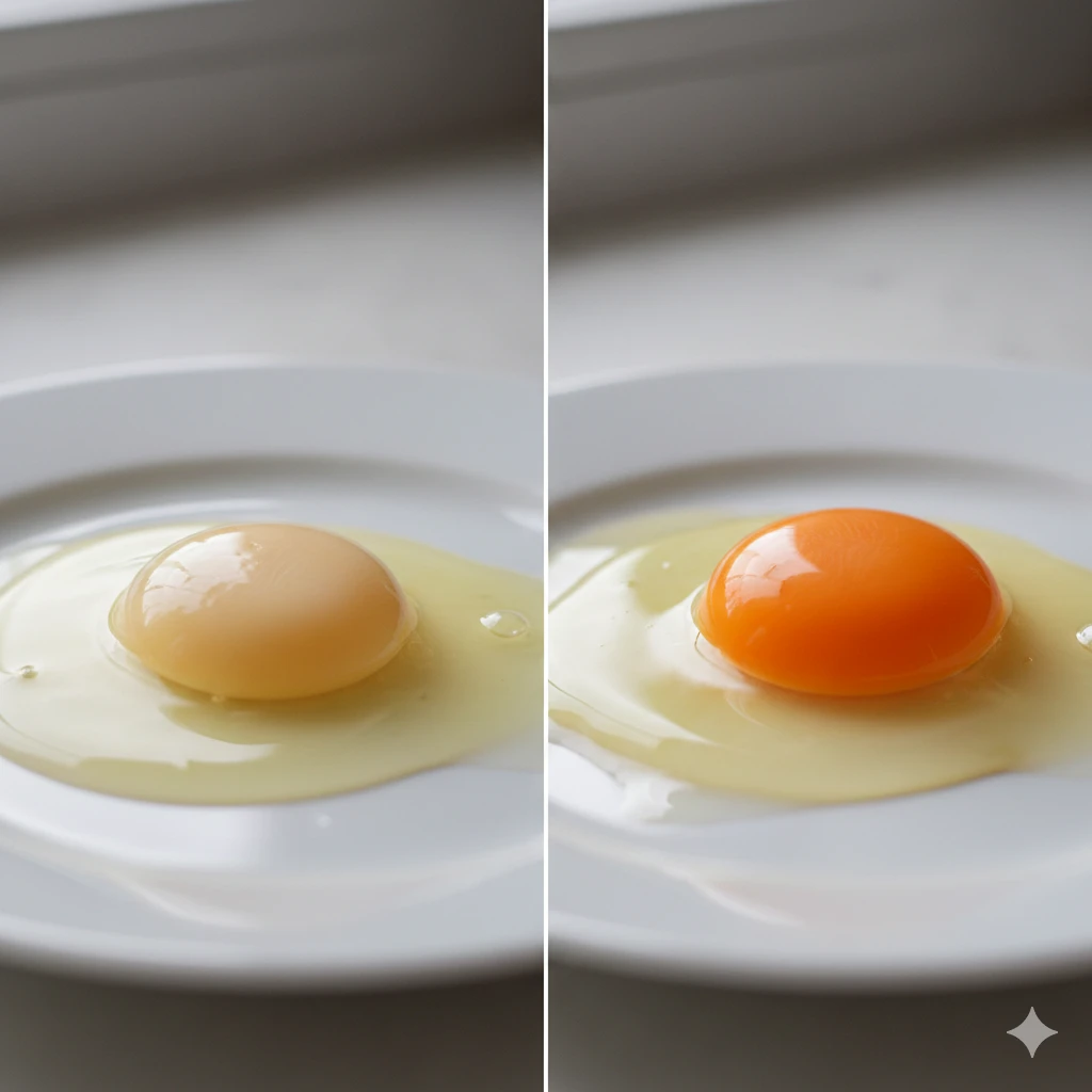 Comparison between a pale yolk and a deep orange yolk