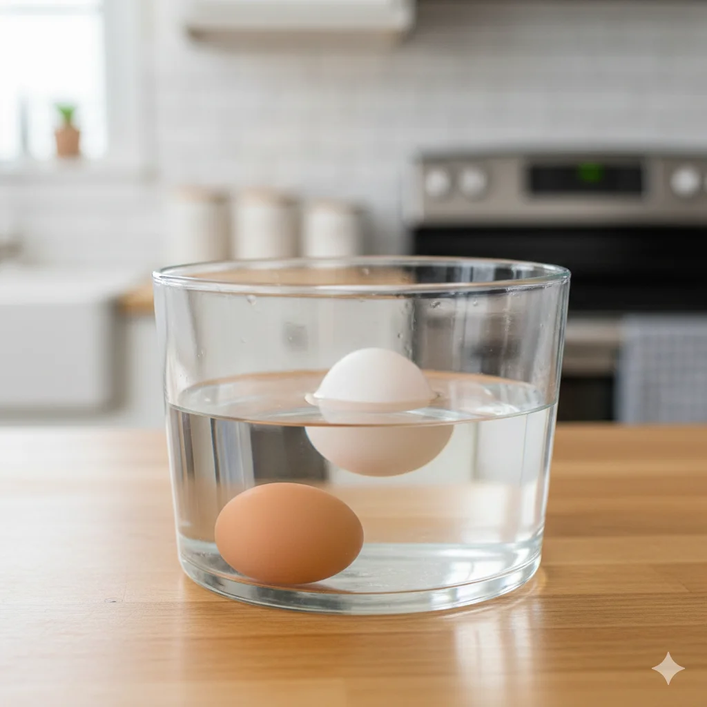 An egg sinking to the bottom of a glass of water