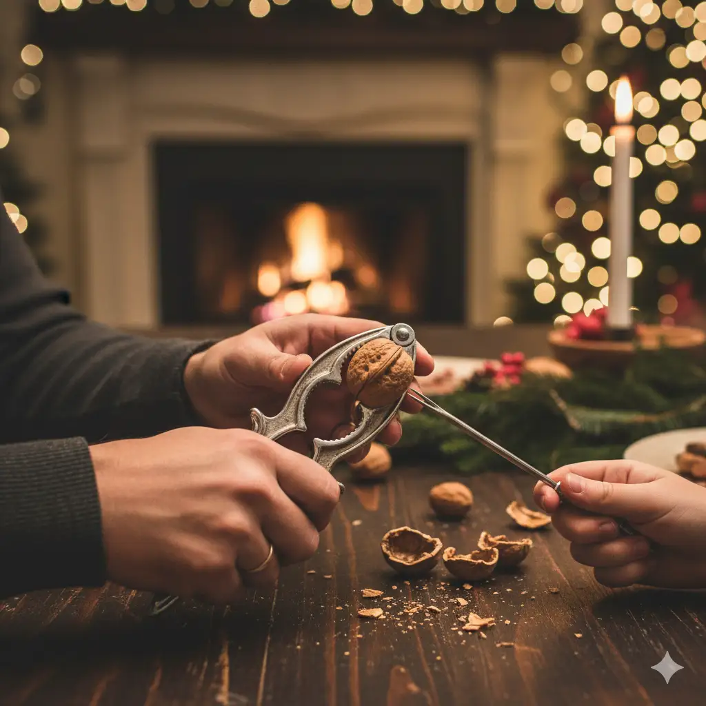 Family using a nutcracker and picks at a holiday table