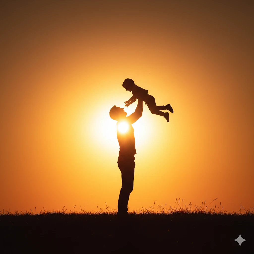 Silhouette of a father lifting his son towards the sky at sunset