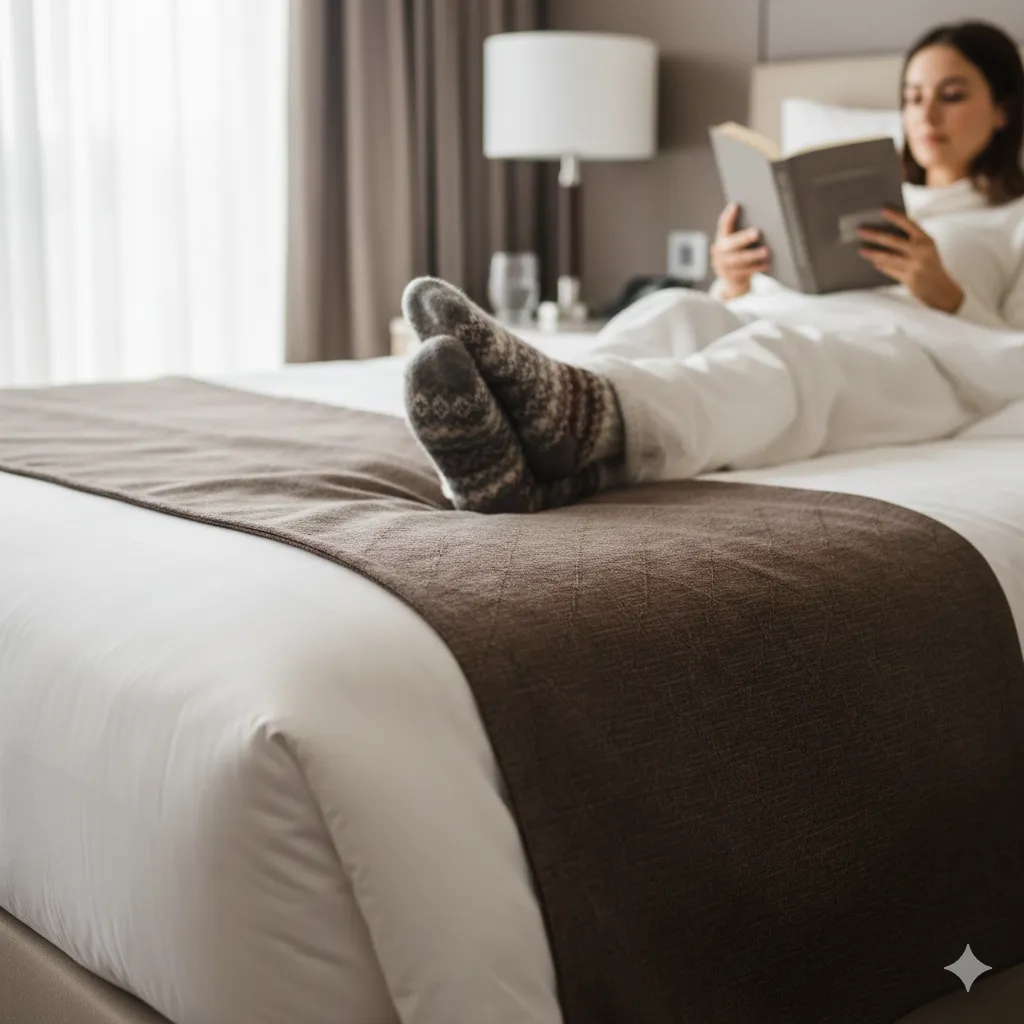 A person relaxing on a hotel bed with their feet propped up on the protective bed runner.
