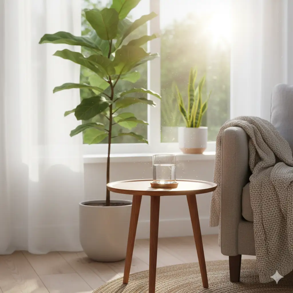 Discreet glass of water on a table in a clean living room