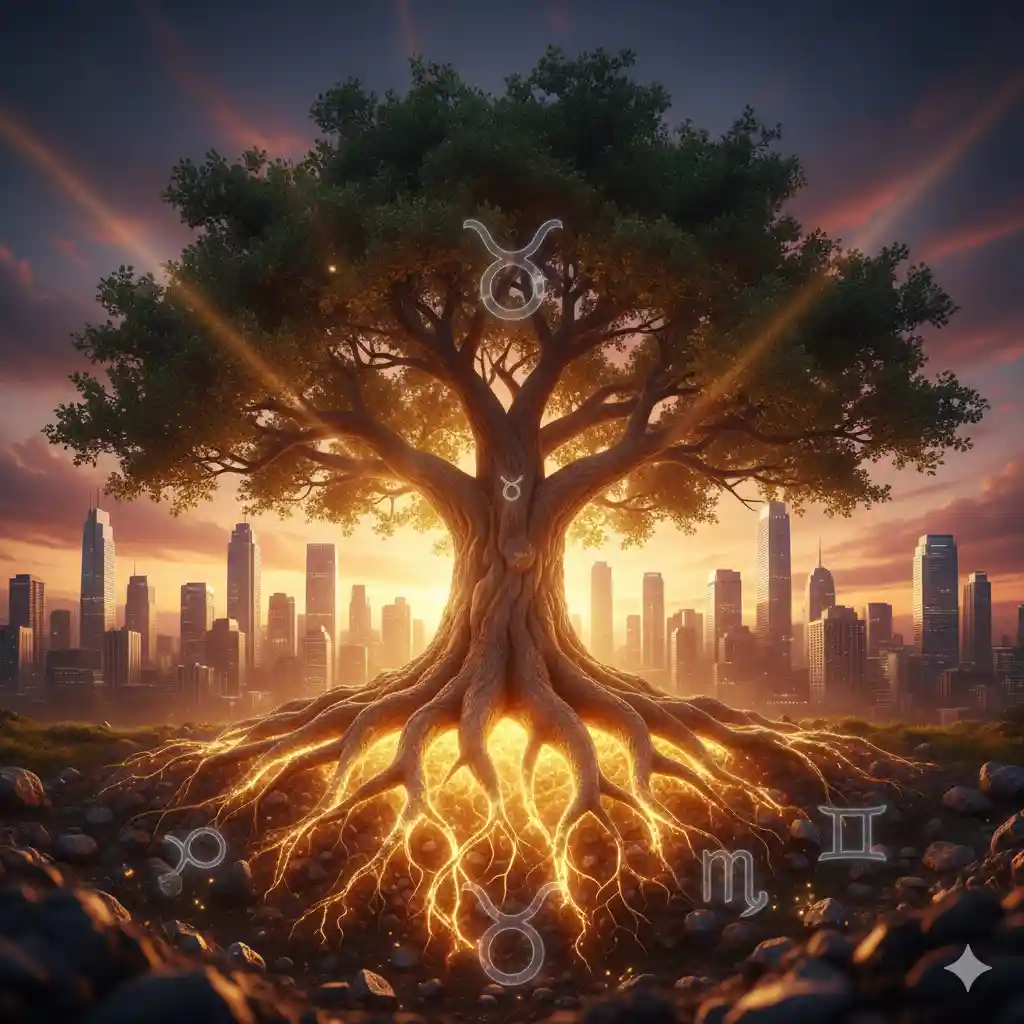 An oak tree with golden roots growing deep into the earth