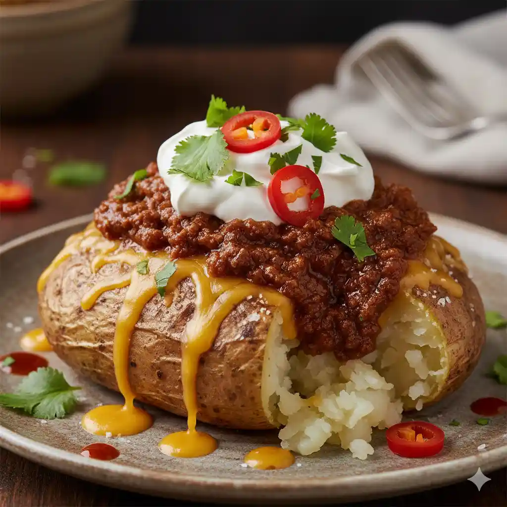 A gourmet baked potato topped with chili, cheese, and cilantro