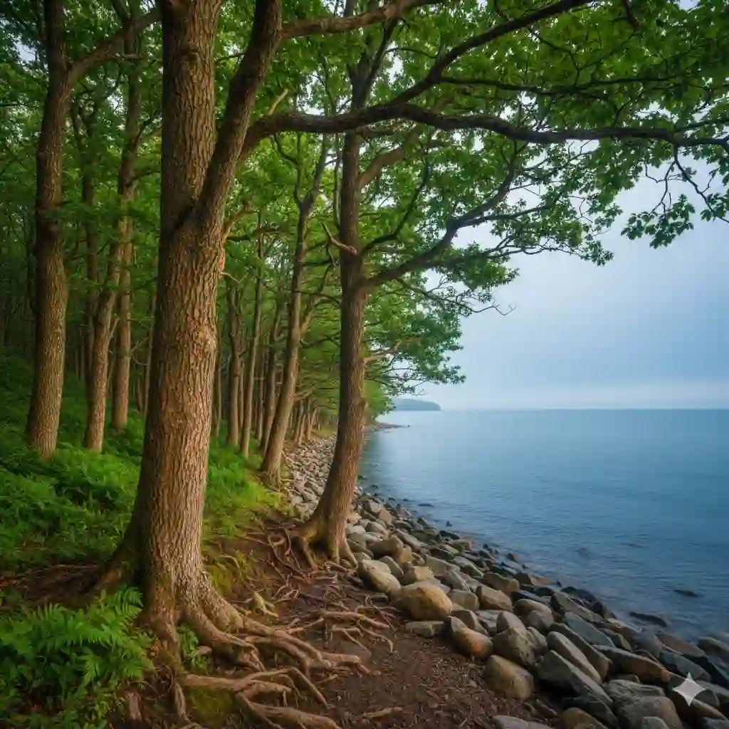 A serene landscape showing deep blues of water, earthy browns, and lush greens.