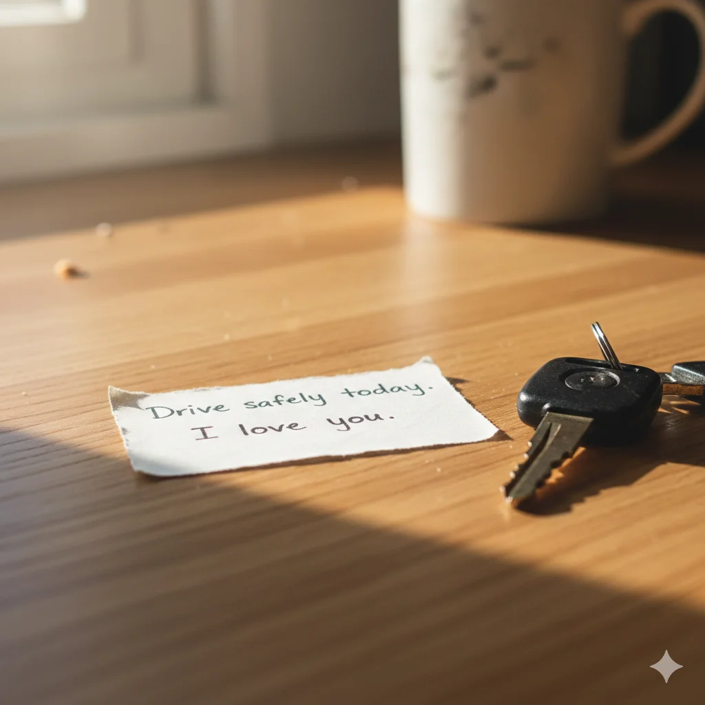 A close-up of a handwritten note saying I love you on a desk.