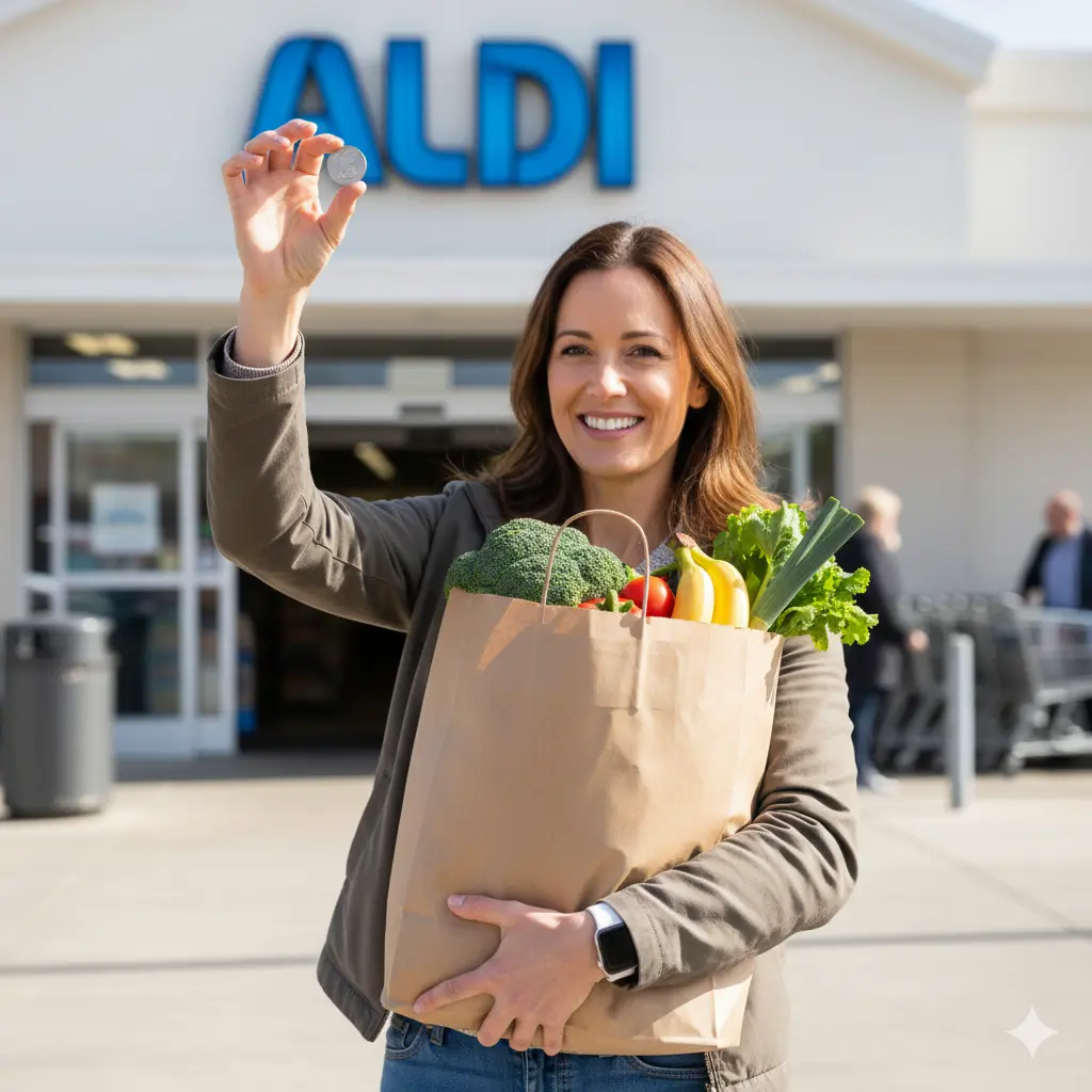 A shopper holding groceries and their retrieved quarter.