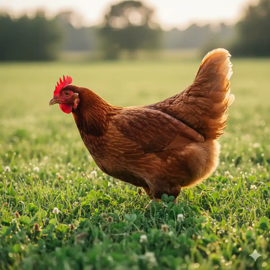 A healthy chicken roaming in a green field