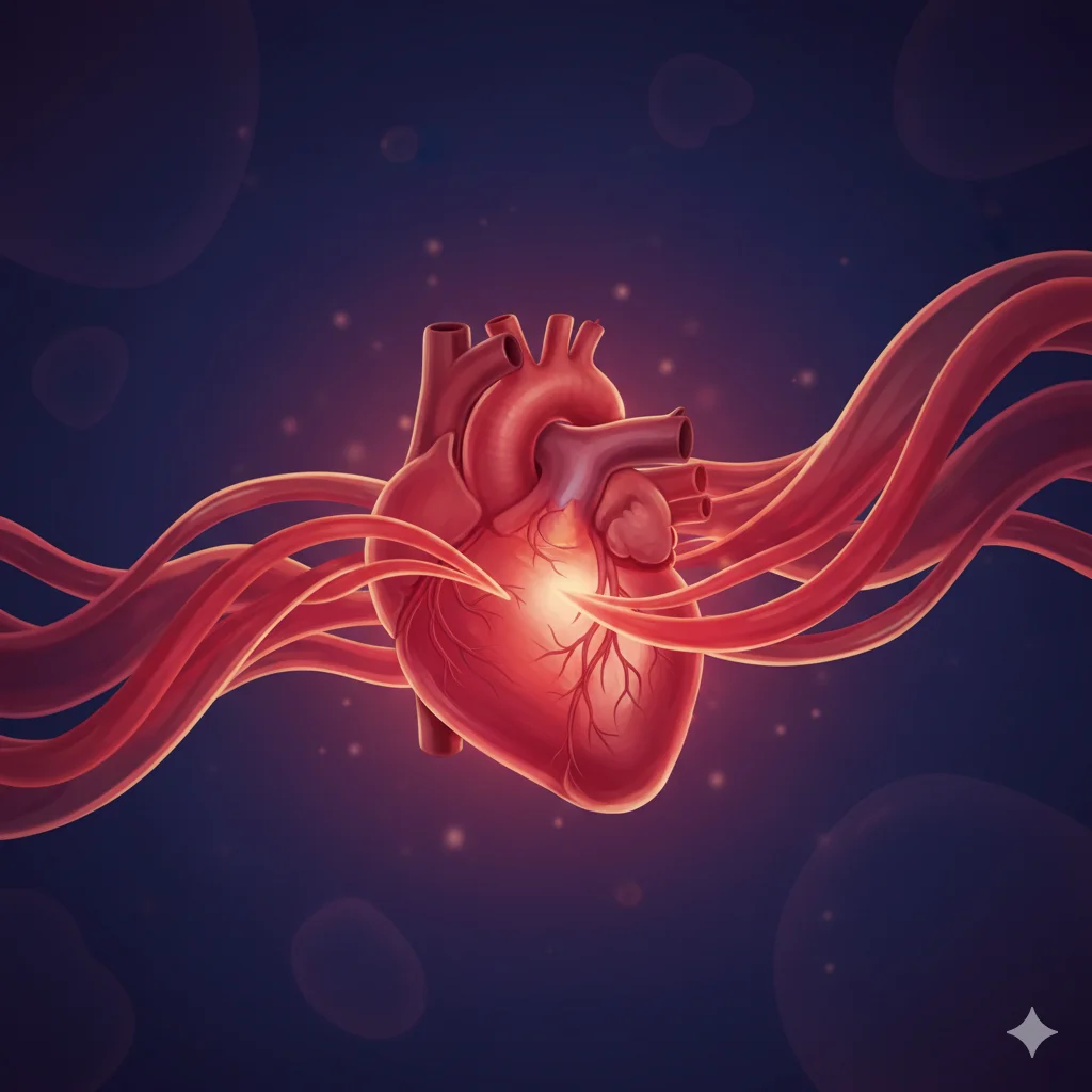 Conceptual illustration of a healthy heart surrounded by protective blood vessels.
