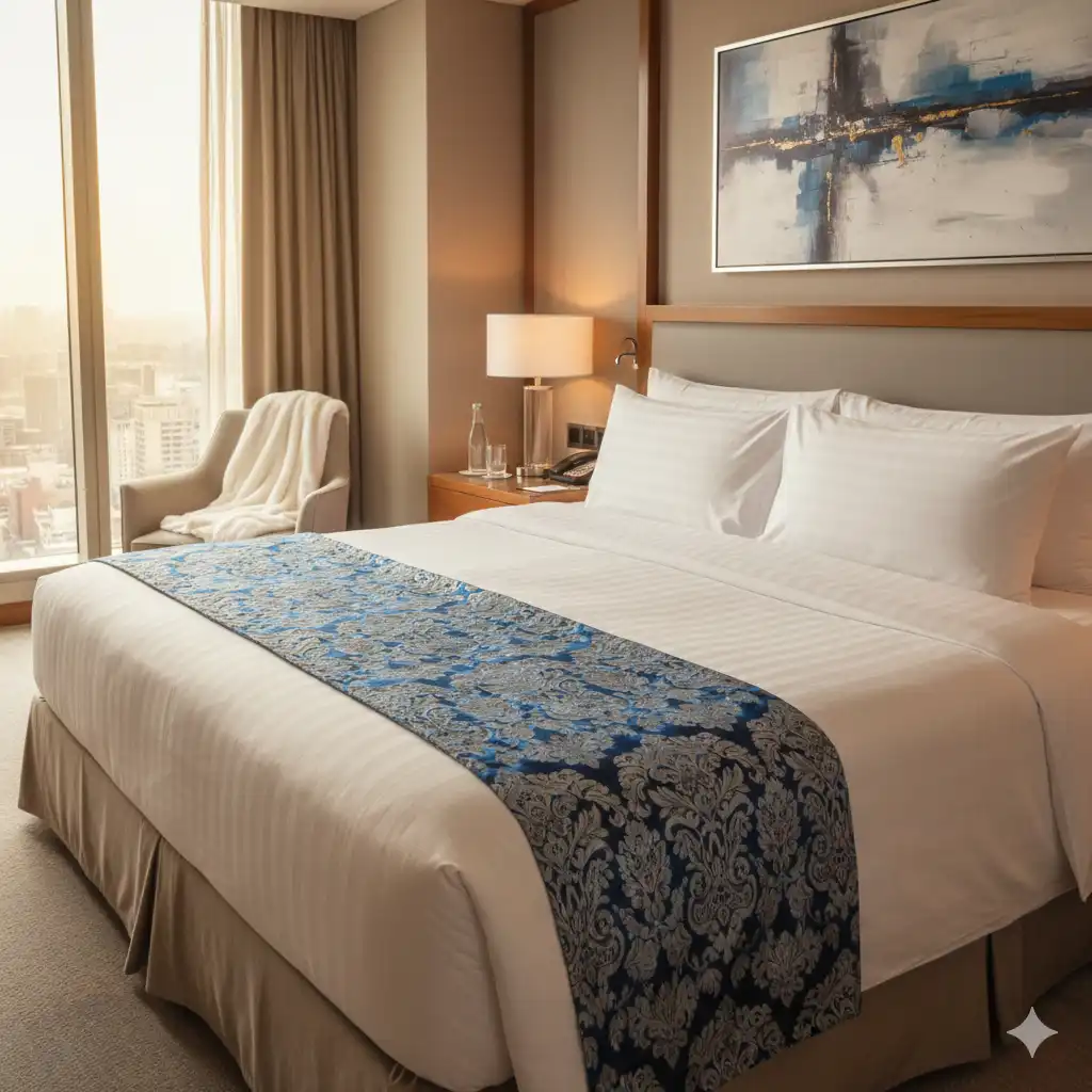 A luxurious hotel bed featuring clean white sheets and a contrasting dark bed runner at the foot.