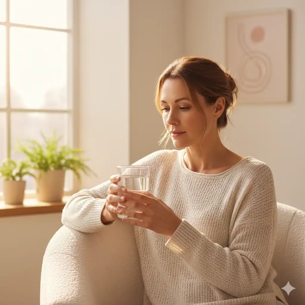 A person drinking water and looking at their hands