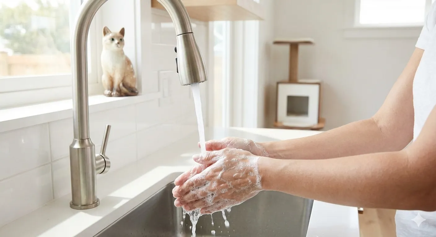 Hands being washed with soap near pet supplies