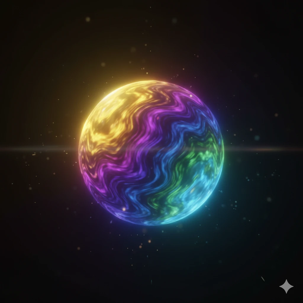 A conceptual image of brilliant light vibrating with different colors radiating outwards.