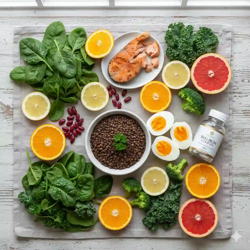 An assortment of spinach, lentils, and eggs on a table