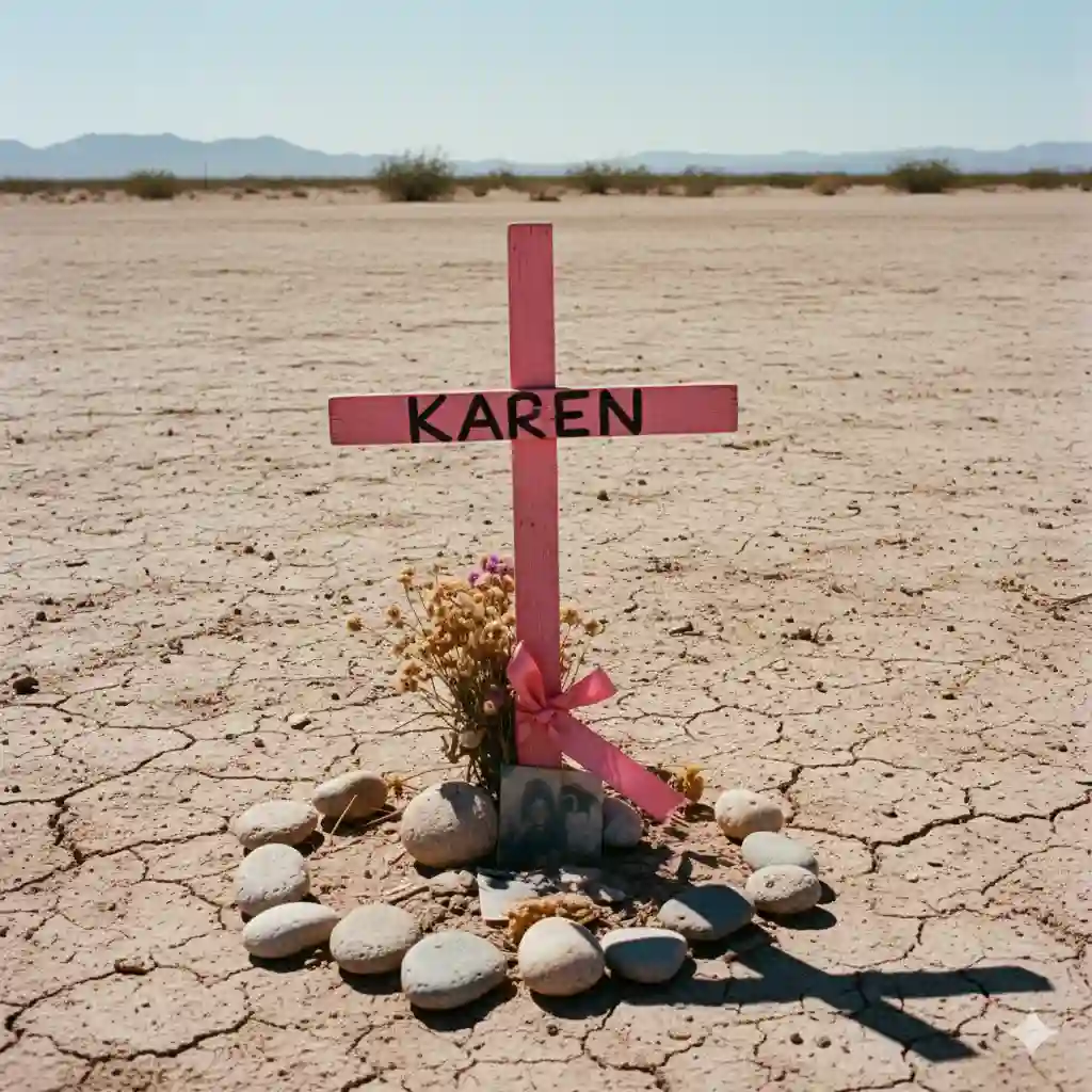 A pink cross memorial site in a dusty field in Mexico honoring Karen.