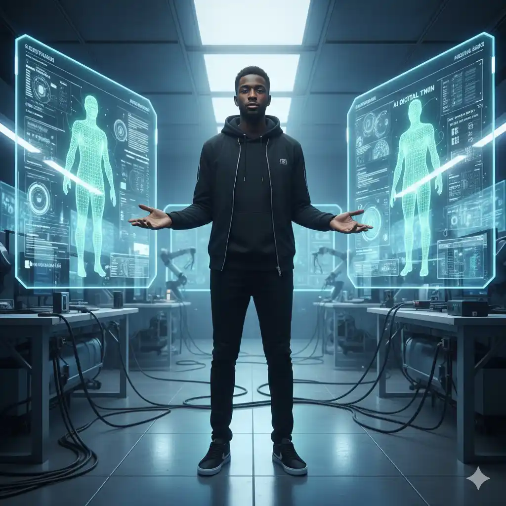 Khaby Lame in a futuristic tech lab with AI data