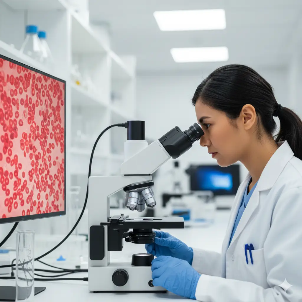 A scientist in a lab looking at blood samples under a microscope.