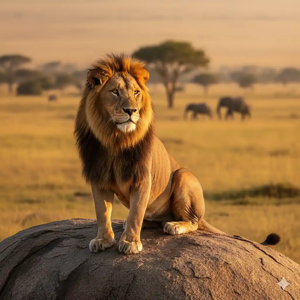 A regal male lion sitting on a savanna rock