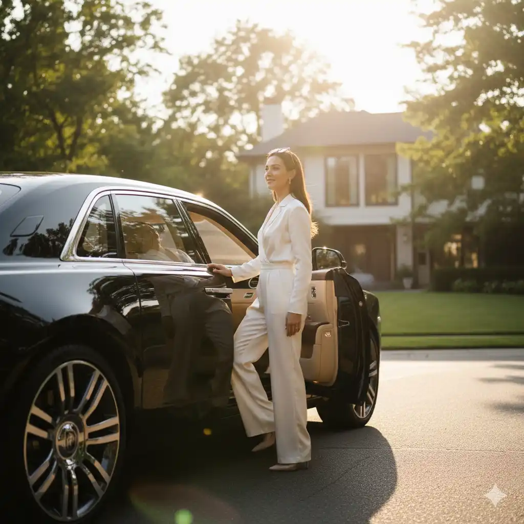 Elegant woman stepping out of a luxury car