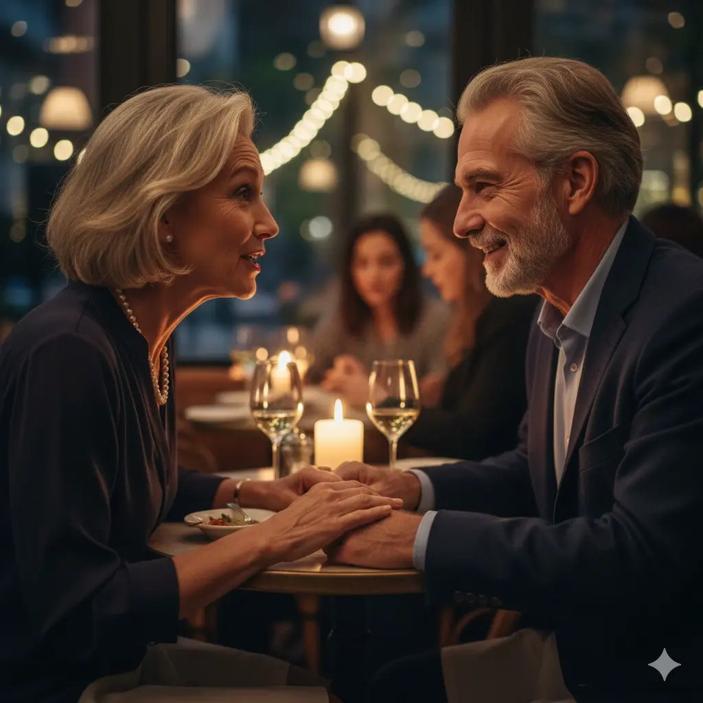 A man listening to a woman at dinner