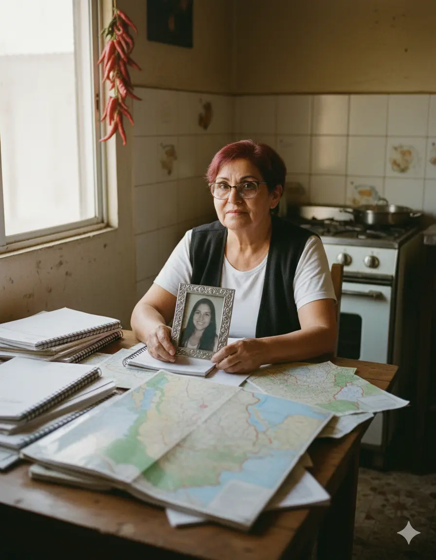 Miriam Rodríguez Martínez looking determined at a table with clues and a photo of her daughter.