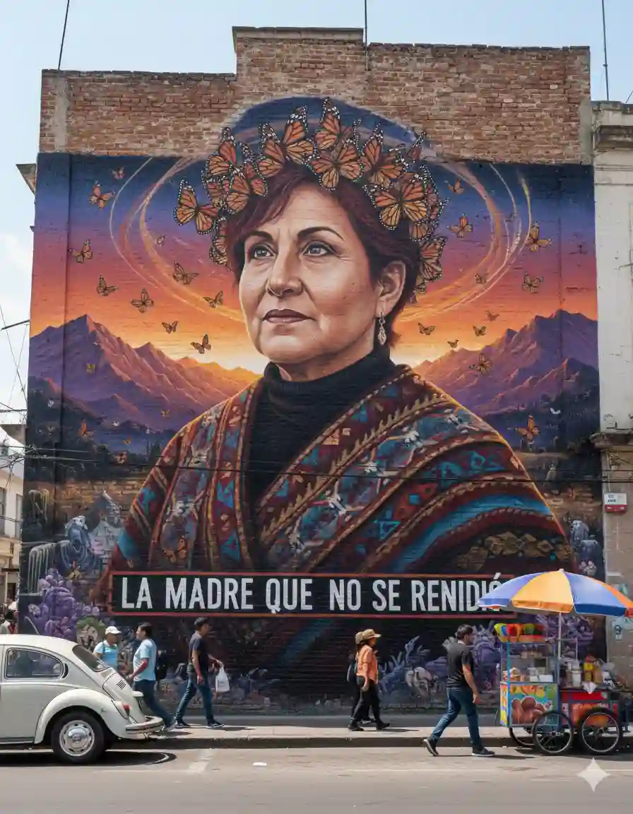 A street art mural depicting Miriam Rodríguez Martínez as a hero surrounded by butterflies.