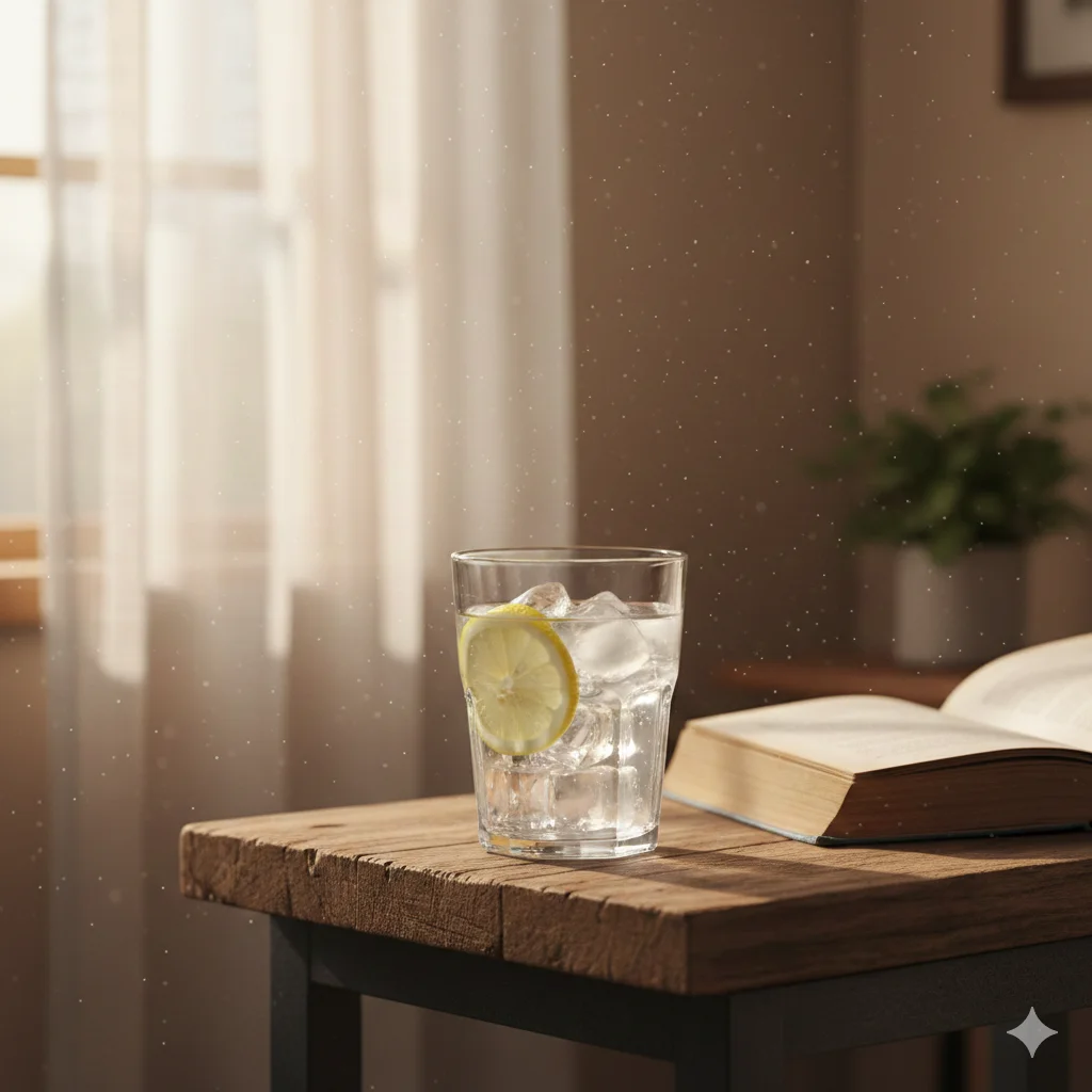 A glass of water on a bedside table with sunlight streaming in.