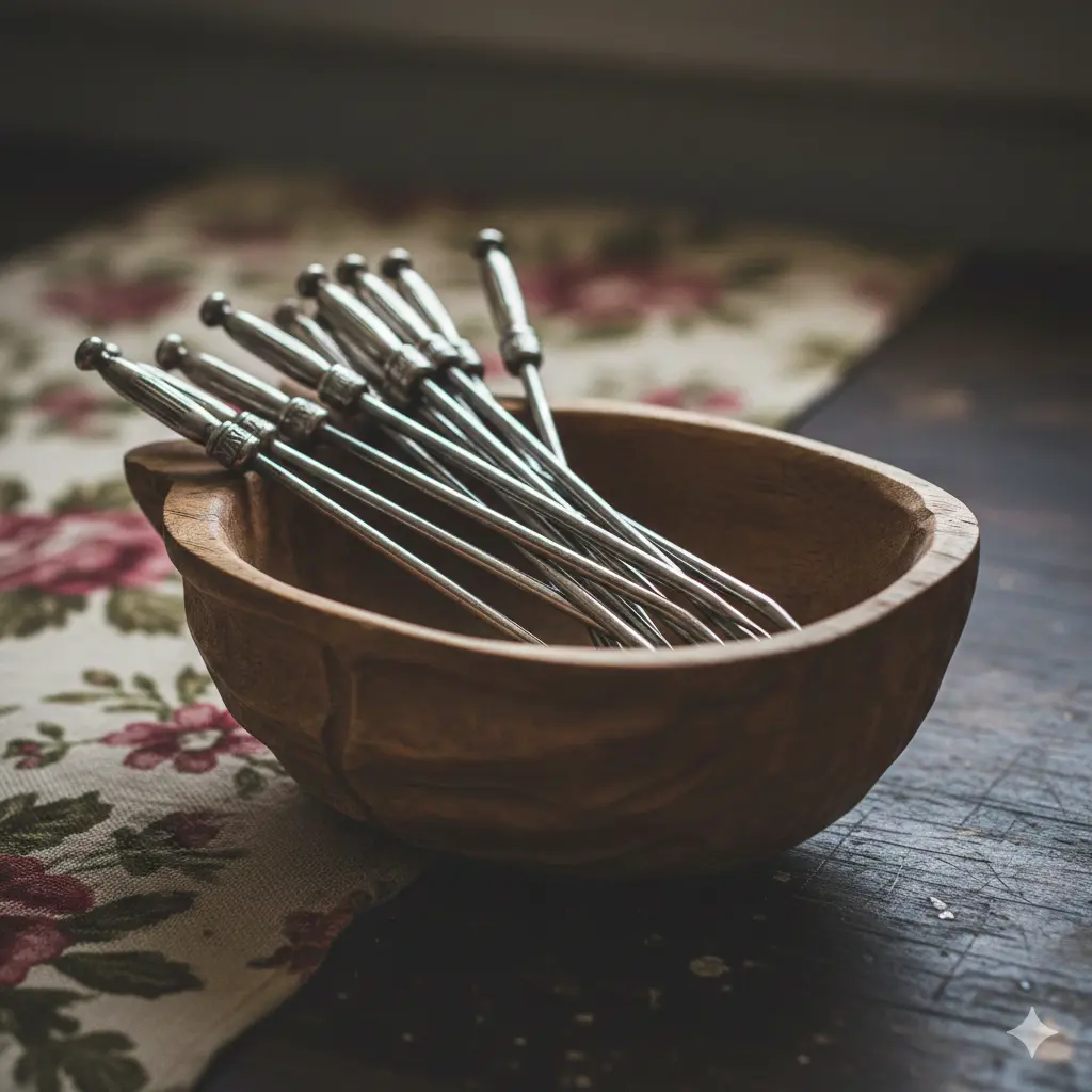 Vintage metal nut picks sitting in a wooden bowl
