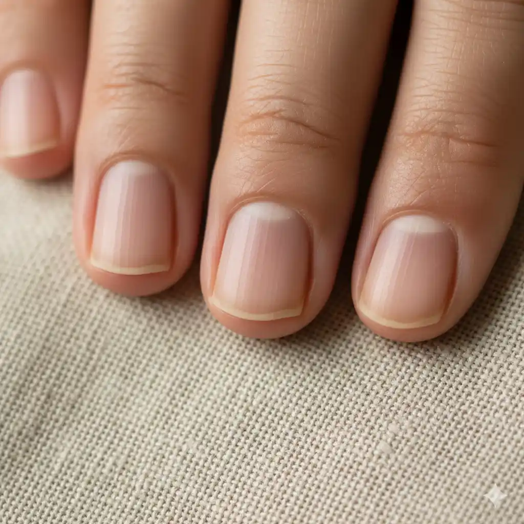 Close up of a hand with fine vertical ridges on the fingernails