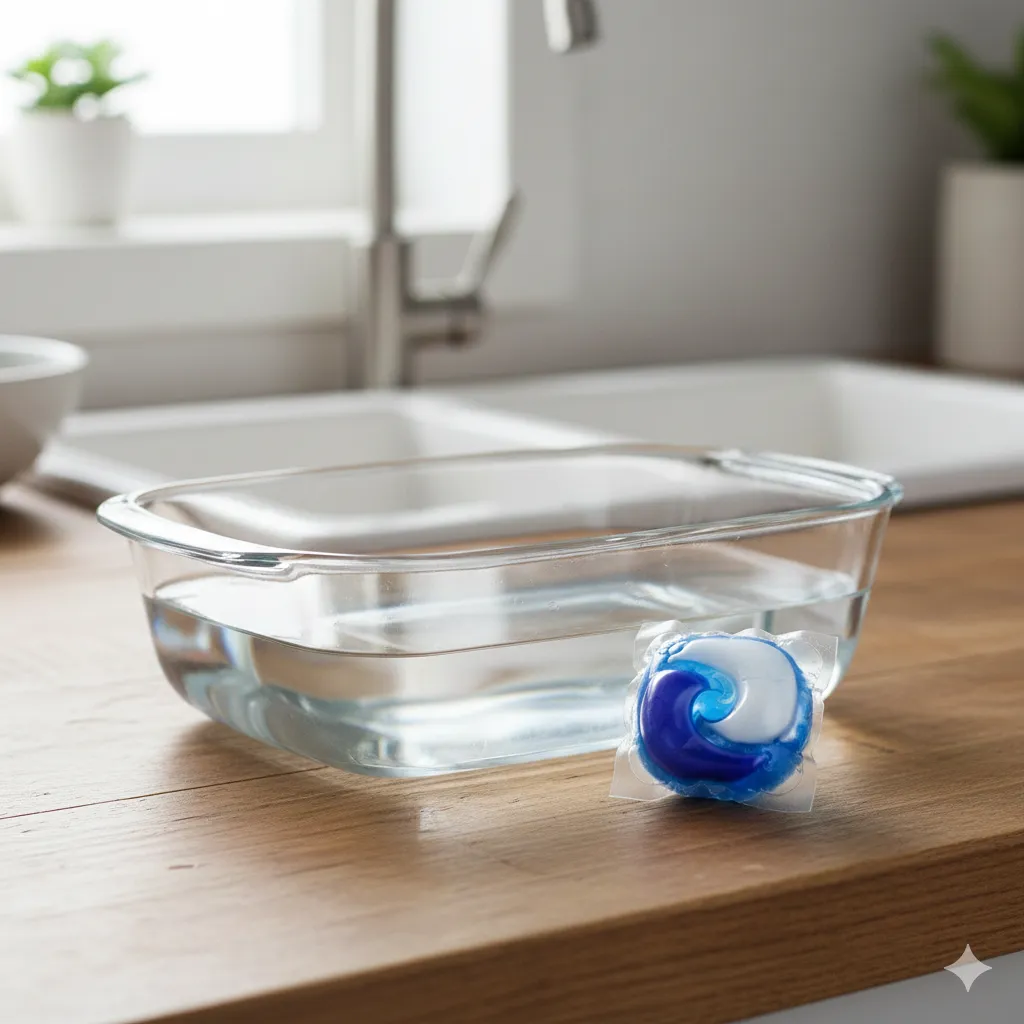 A casserole dish with water and a dishwasher pod on a kitchen counter.