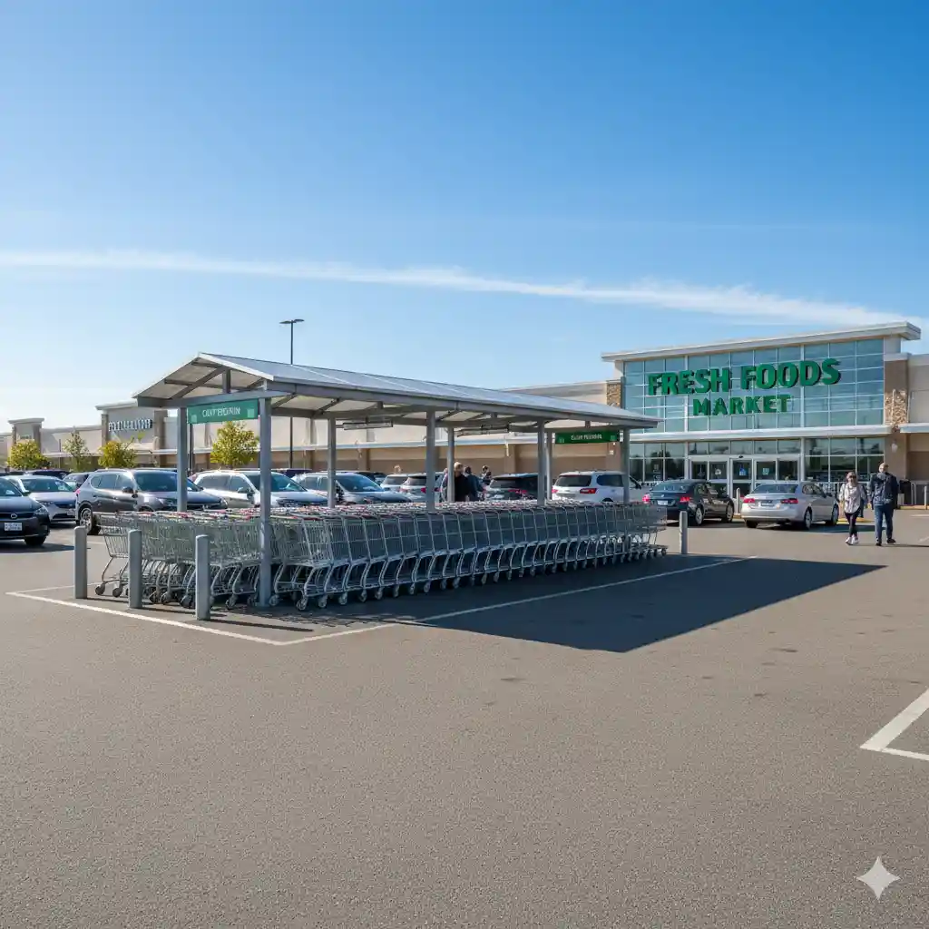 A perfectly organized row of shopping carts at an Aldi store.
