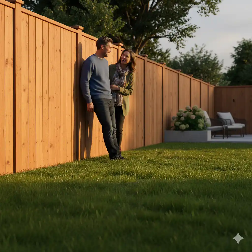 Community Harmony Two neighbors chatting over a well-placed wooden fence.