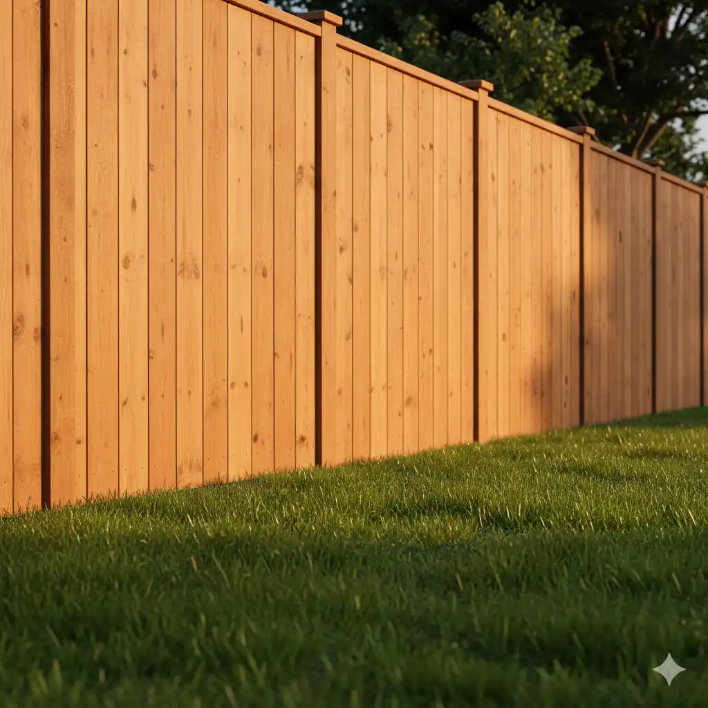 The Neighbor's View The smooth, finished side of a wooden fence facing the neighbor's yard.