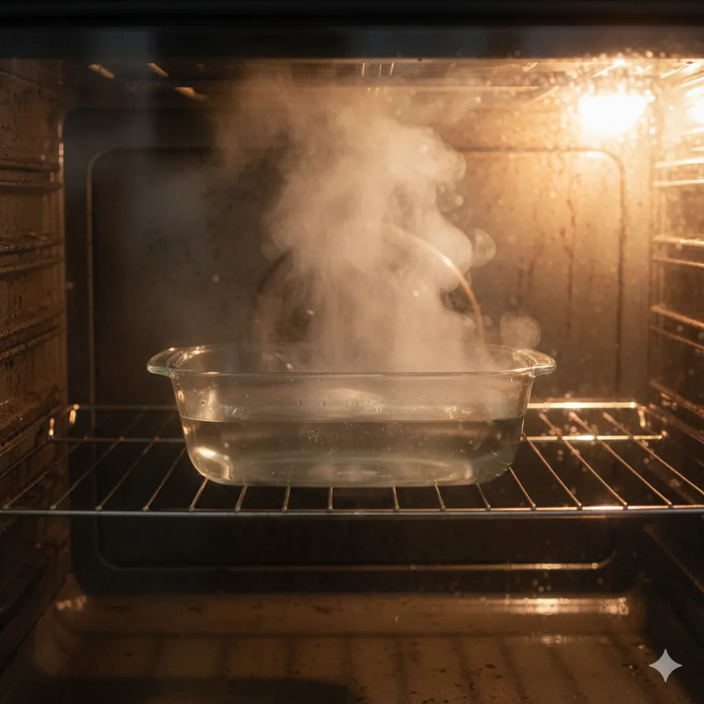View inside an oven with a dish of water steaming on the rack.