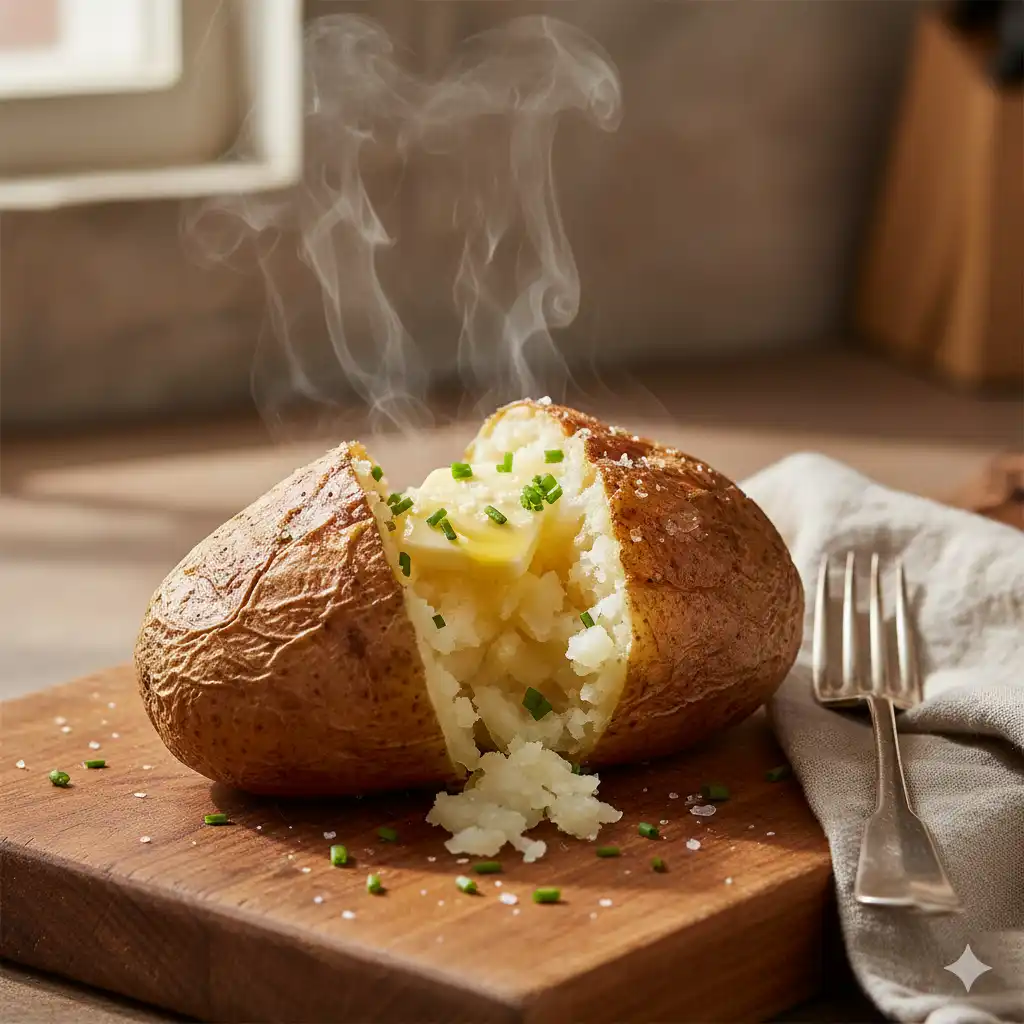 A perfectly baked russet potato split open with melting butter