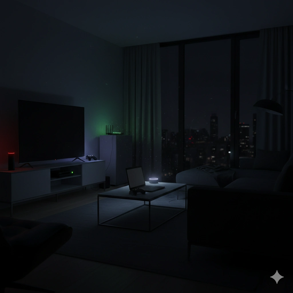 Electronics glowing with standby lights in a dark room