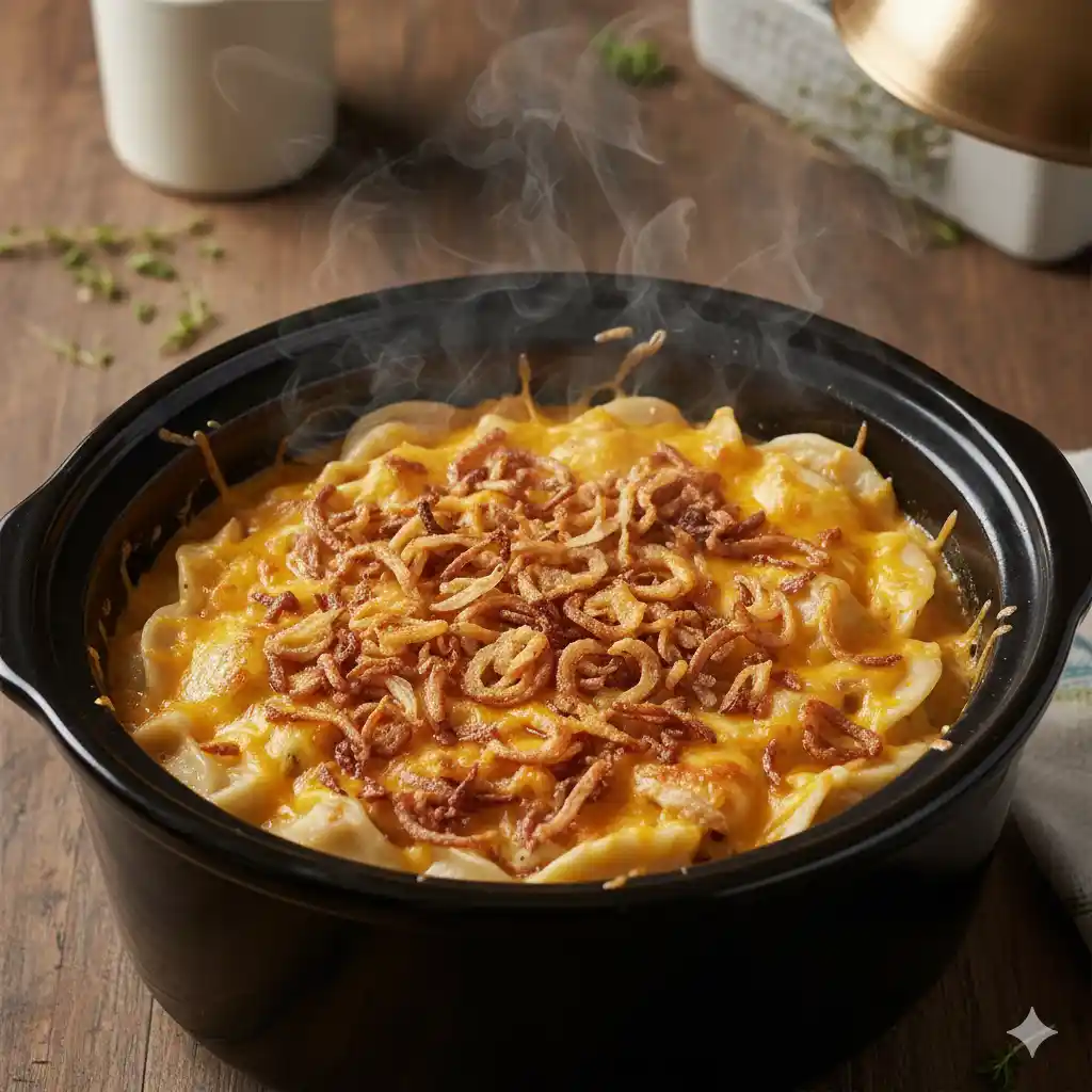 Slow Cooker Pierogi Casserole with melted cheese and crispy onions