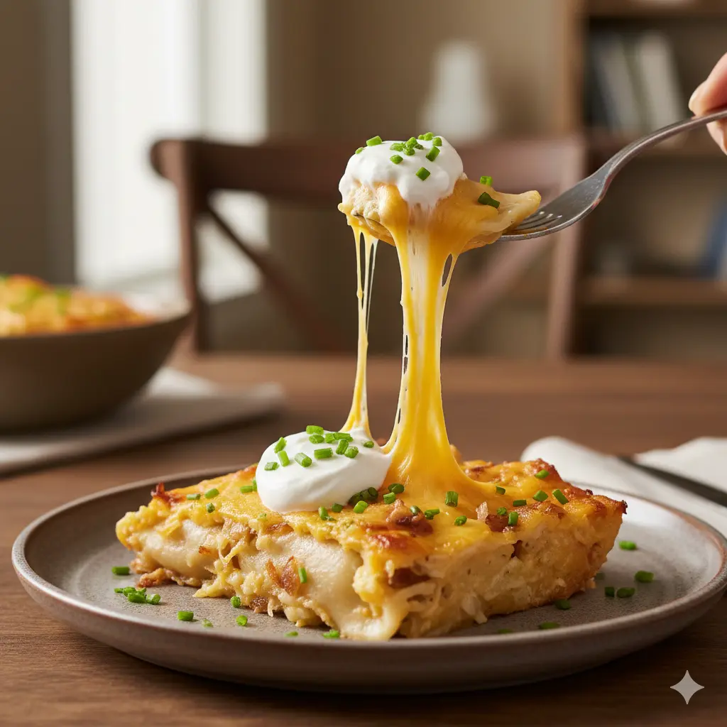 A delicious serving of pierogi casserole with sour cream